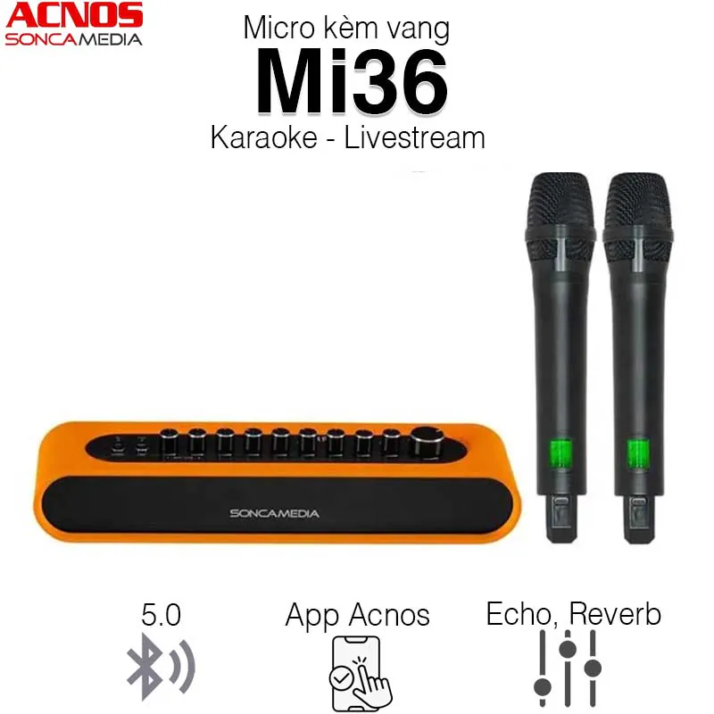 Micro Kèm Vang Acnos Mi36, Chống Hú FBX, Echo, Reverb DSP, Bluetooth 5.0, HDMI ARC, Optical, AUX, Guitar In, Optical Out