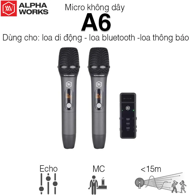 Micro không dây Alpha Works A6, Đầu kết nối USB, UHF 640 - 690 MHz Hỗ Trợ 100 Kênh