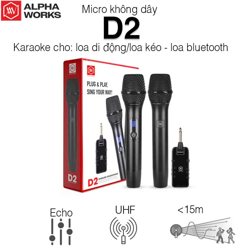 Micro Không Dây Alpha Works D2, Kết nối qua cổng 6 ly hoặc AUX 3,5mm, 2 tay mic, Chuyên cho loa bluetooth