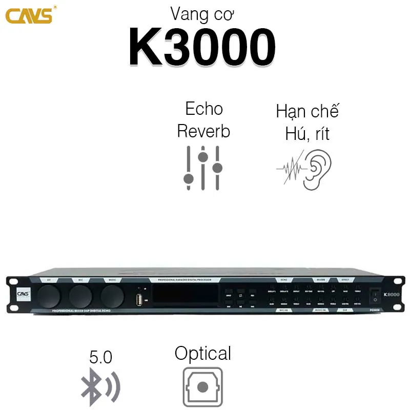 Vang cơ CAVS K3000, Bluetooth 5.0, Optical, USB, Tích Hợp Equalizer Micro và Music, Feedback 3 chế độ