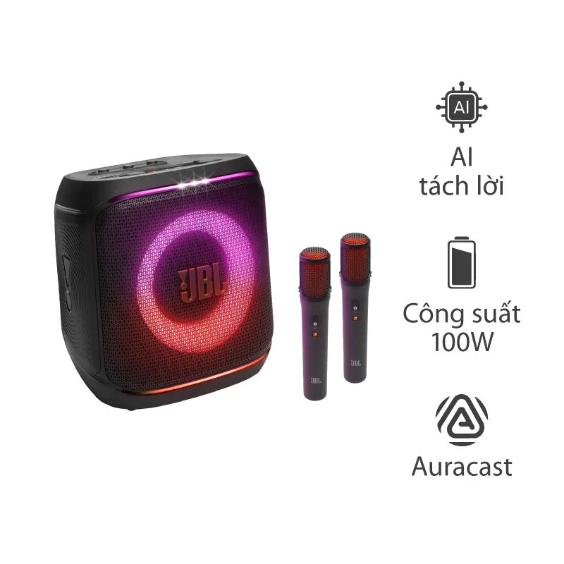 Loa JBL PartyBox Encore 2 Plus, AI Tách Lời, Công Suất 100W RMS, Pin 15H, IPX4, Bluetooth 5.4, LED đẹp, Auracast, Kèm 2 Mic