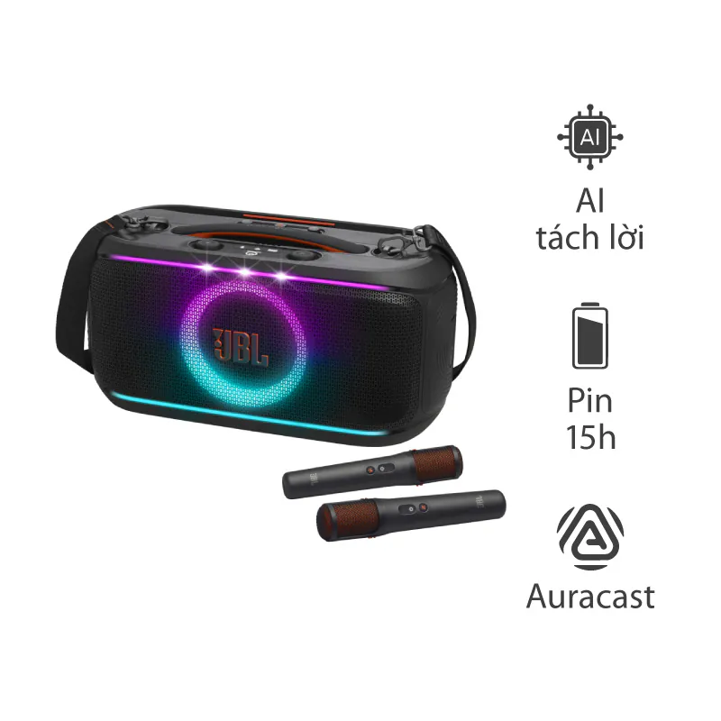 Loa JBL PartyBox On The Go 2 Plus, AI Tách Lời, Dây đeo vai, 100W RMS, Pin 15h, IPX4, Bluetooth 5.4, Led Đẹp, Auracast, Kèm 2 Mic