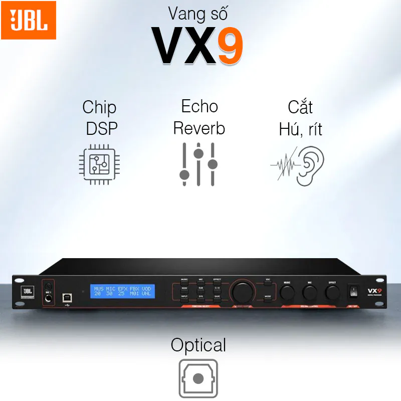 Vang số JBL VX9, DSP, USB2.0 Type-B, Optical, Coaxial, XLR, RCA