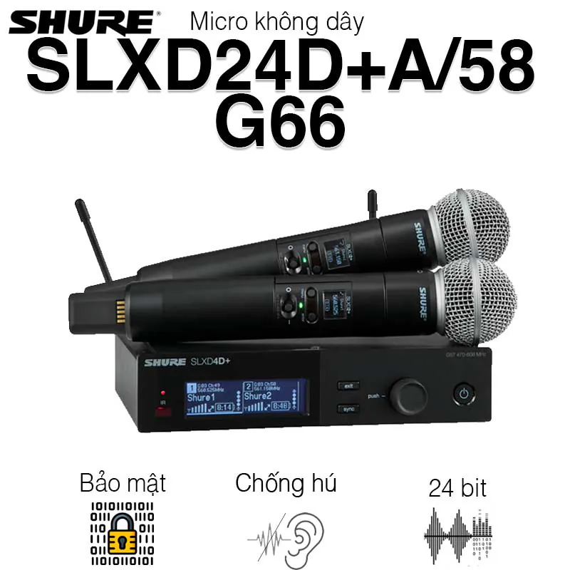 Micro Shure SLXD24D+A/58-G66 (Âm thanh Digital 24-bit, Dải tần 138 MHz, Chống hú) Micro Shure SLXD24D+A/58-G66 (Âm thanh Digital 24-bit, Dải tần 138 MHz, Chống hú)