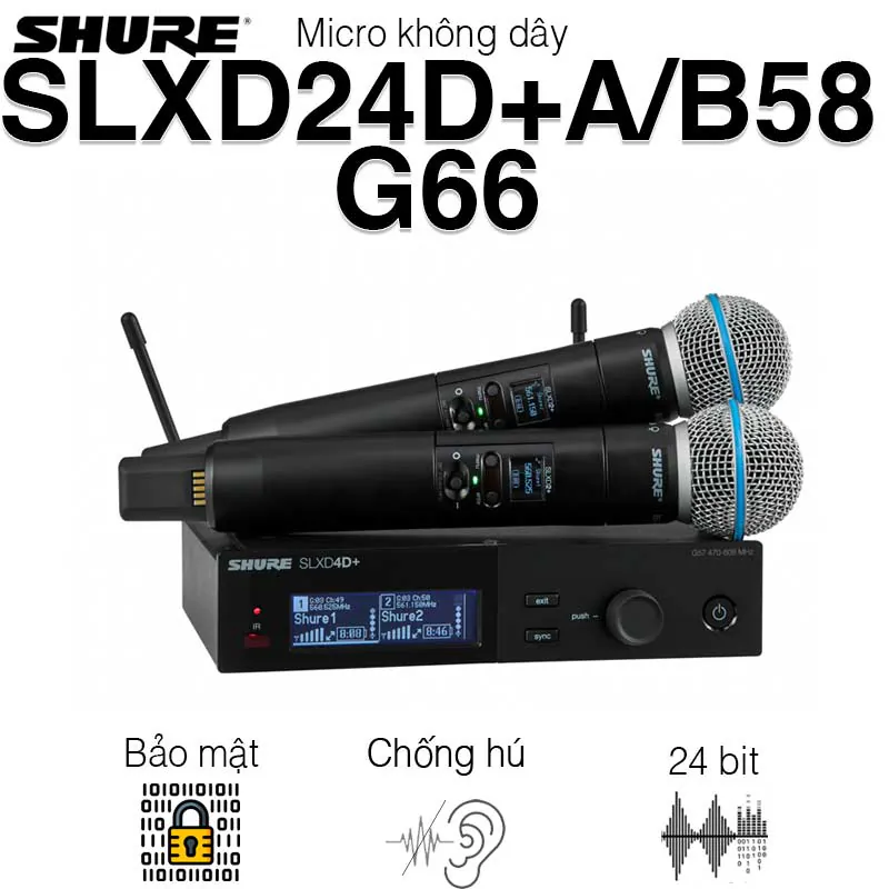 Micro Shure SLXD24D+A/B58-G66 (Digital 24-bit, Chống hú tự động, Pin 8 giờ) Micro Shure SLXD24D+A/B58-G66 (Digital 24-bit, Chống hú tự động, Pin 8 giờ)