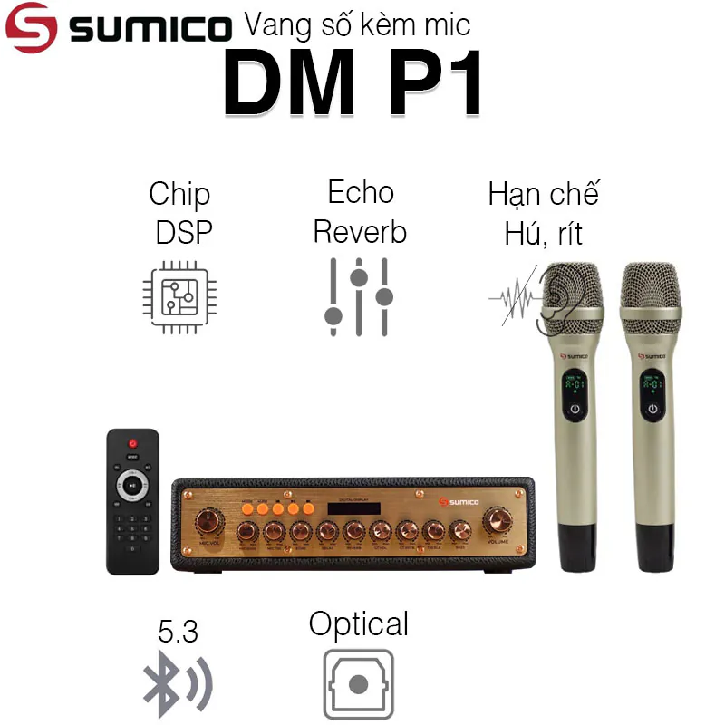 Mixer Sumico DMP1 kèm mic, Bluetooth 5.3, AUX, HDMI, USB, Optical