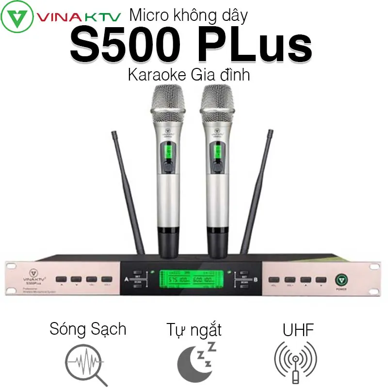 Micro không dây VinaKTV S500 Plus, Cảm Biến Tự Ngắt, Có Khả Năng Dò Sóng Sạch