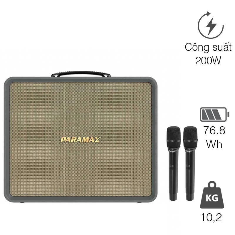Loa Paramax Karat, Bass 25cm, 200 W, 35 Hz – 25kHz, Bluetooth 5.3, USB, HDMI, Optical, AUX, Đi kèm 2 mic