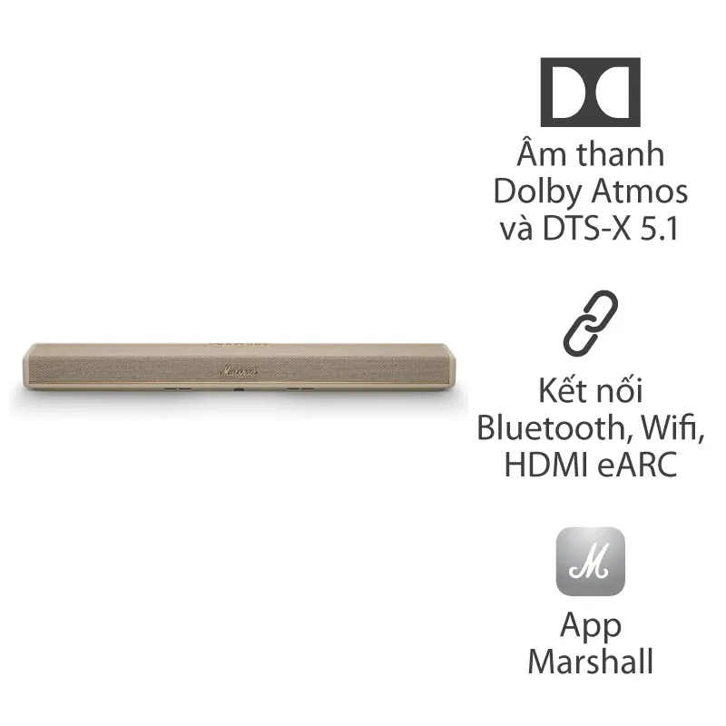 Loa soundbar Marshall Heston 60, Âm Thanh 5.1.2 Dolby Atmos DTS:X, Công suất 56W, Wi-Fi 6, Bluetooth 5.3, HDMI eARC, AUX 3.5mm, ứng dụng Marshall