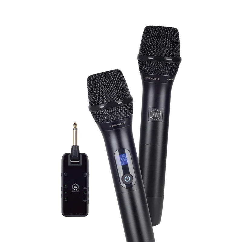 Micro Không Dây Alpha Works D2, Kết nối qua cổng 6 ly hoặc AUX 3,5mm, 2 tay mic, Chuyên cho loa bluetooth